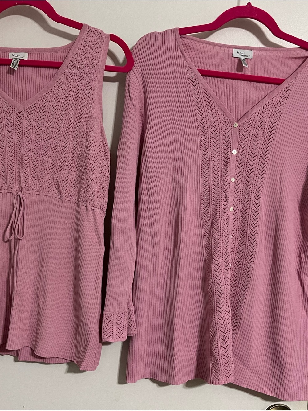 Mimi Maternity Pink Pointelle Knit Twin Set Cardigan Size L Tank Size M